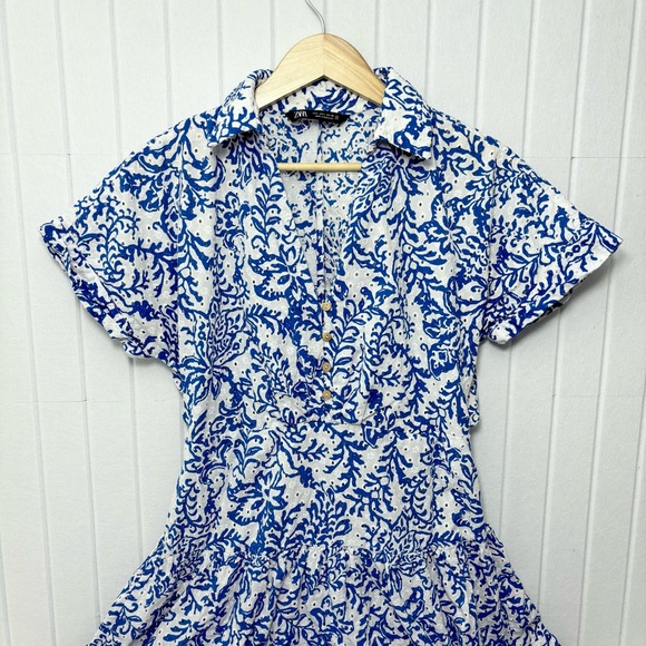 Zara OPENWORK EMBROIDERY MIDI White and Blue‎ DRESS Size L - Picture 5 of 17